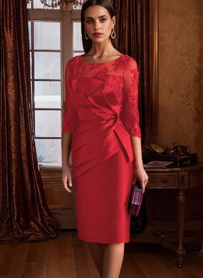 Sheath Illusion Neck 3/4 Sleeves Knee-Length Satin Mother Of The Bride Dresses Sheath Illusion Neck 3/4 Sleeves Knee-Length Satin Mother Of The Bride Dresses