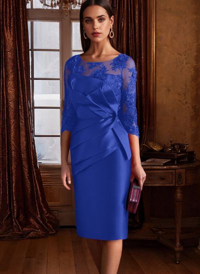 Sheath Illusion Neck 3/4 Sleeves Knee-Length Satin Mother Of The Bride Dresses