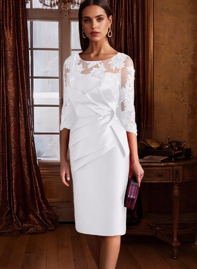 Sheath Illusion Neck 3/4 Sleeves Knee-Length Satin Mother Of The Bride Dresses