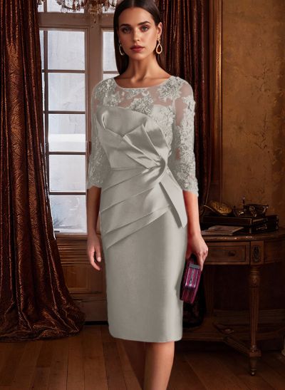 Sheath Illusion Neck 3/4 Sleeves Knee-Length Satin Mother Of The Bride Dresses