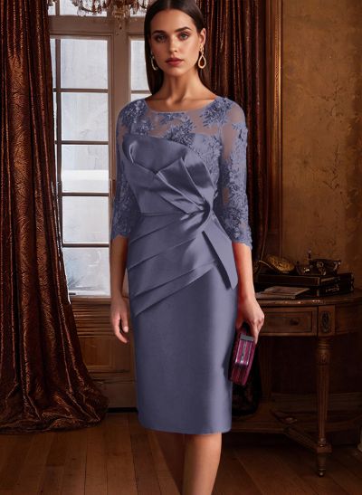 Sheath Illusion Neck 3/4 Sleeves Knee-Length Satin Mother Of The Bride Dresses