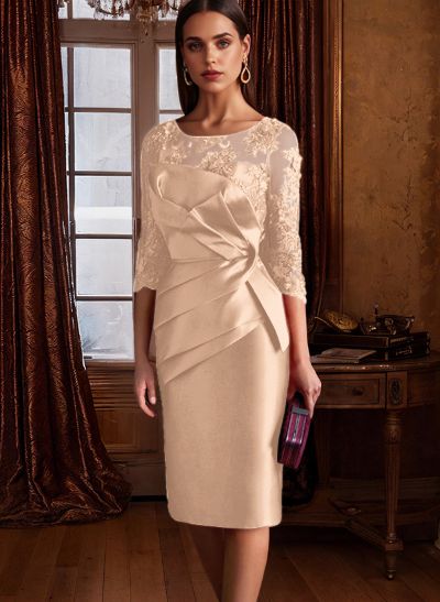 Sheath Illusion Neck 3/4 Sleeves Knee-Length Satin Mother Of The Bride Dresses