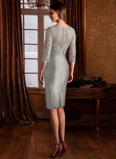 Sheath Illusion Neck 3/4 Sleeves Knee-Length Satin Mother Of The Bride Dresses