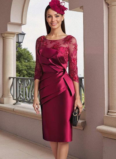 Sheath Illusion Neck 3/4 Sleeves Knee-Length Satin Mother Of The Bride Dresses