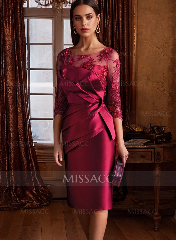 Sheath Illusion Neck 3/4 Sleeves Knee-Length Satin Mother Of The Bride Dresses