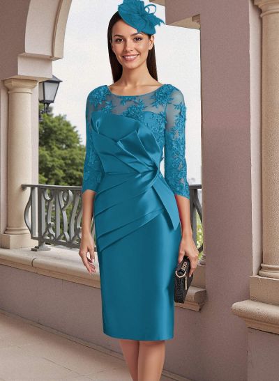 Sheath Illusion Neck 3/4 Sleeves Knee-Length Satin Mother Of The Bride Dresses