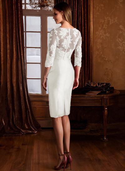 Sheath Illusion Neck 3/4 Sleeves Knee-Length Satin Mother Of The Bride Dresses Sheath Illusion Neck 3/4 Sleeves Knee-Length Satin Mother Of The Bride Dresses