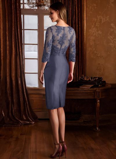 Sheath Illusion Neck 3/4 Sleeves Knee-Length Satin Mother Of The Bride Dresses