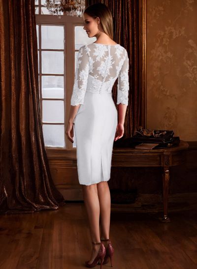 Sheath Illusion Neck 3/4 Sleeves Knee-Length Satin Mother Of The Bride Dresses