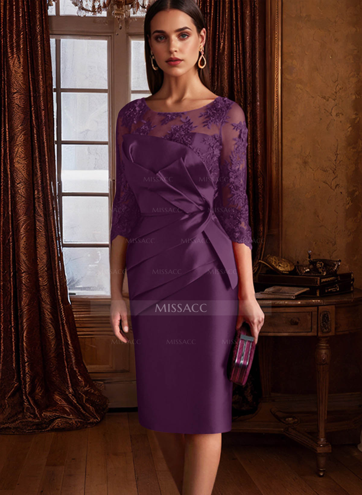 Sheath Illusion Neck 3/4 Sleeves Knee-Length Satin Mother Of