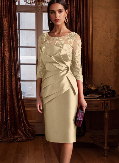 Sheath Illusion Neck 3/4 Sleeves Knee-Length Satin Mother Of The Bride Dresses