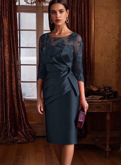 Sheath Illusion Neck 3/4 Sleeves Knee-Length Satin Mother Of The Bride Dresses