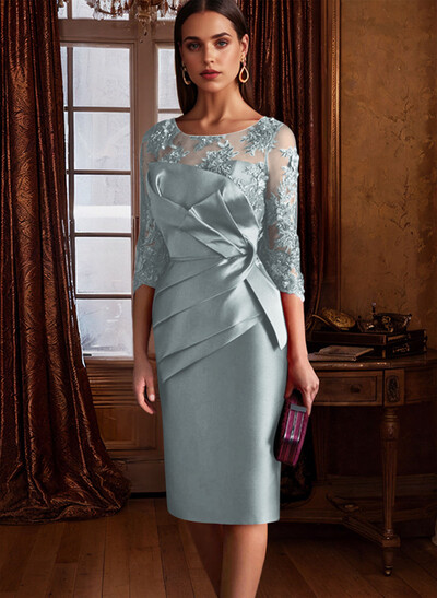 Sheath Illusion Neck 3/4 Sleeves Knee-Length Satin Mother Of The Bride Dresses