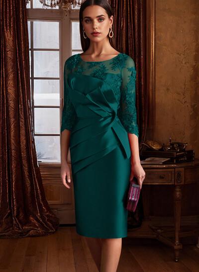 Sheath Illusion Neck 3/4 Sleeves Knee-Length Satin Mother Of The Bride Dresses