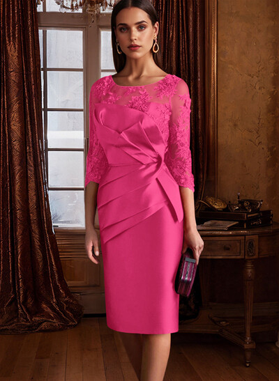 Sheath Illusion Neck 3/4 Sleeves Knee-Length Satin Mother Of The Bride Dresses