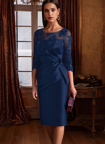 Sheath Illusion Neck 3/4 Sleeves Knee-Length Satin Mother Of The Bride Dresses