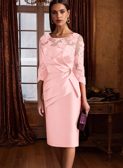 Sheath Illusion Neck 3/4 Sleeves Knee-Length Satin Mother Of The Bride Dresses