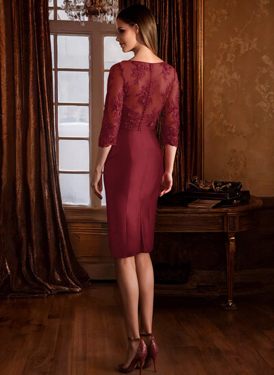 Sheath Illusion Neck 3/4 Sleeves Knee-Length Satin Mother Of The Bride Dresses