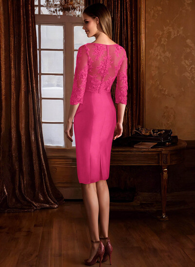 Sheath Illusion Neck 3/4 Sleeves Knee-Length Satin Mother Of The Bride Dresses