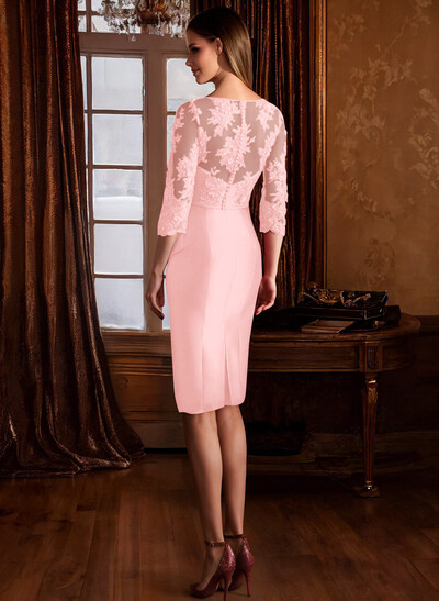 Sheath Illusion Neck 3/4 Sleeves Knee-Length Satin Mother Of The Bride Dresses