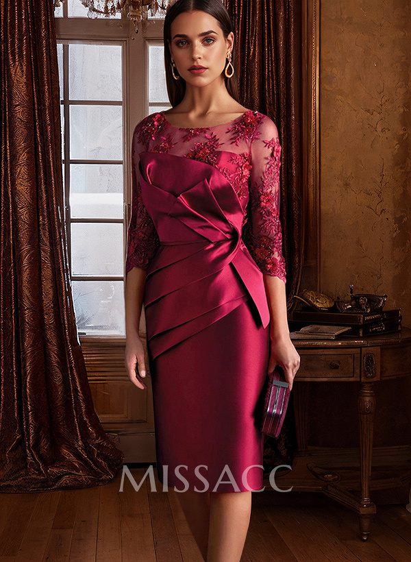 Sheath Illusion Neck 3/4 Sleeves Knee-Length Satin Mother Of The Bride Dresses Sheath Illusion Neck 3/4 Sleeves Knee-Length Satin Mother Of The Bride Dresses
