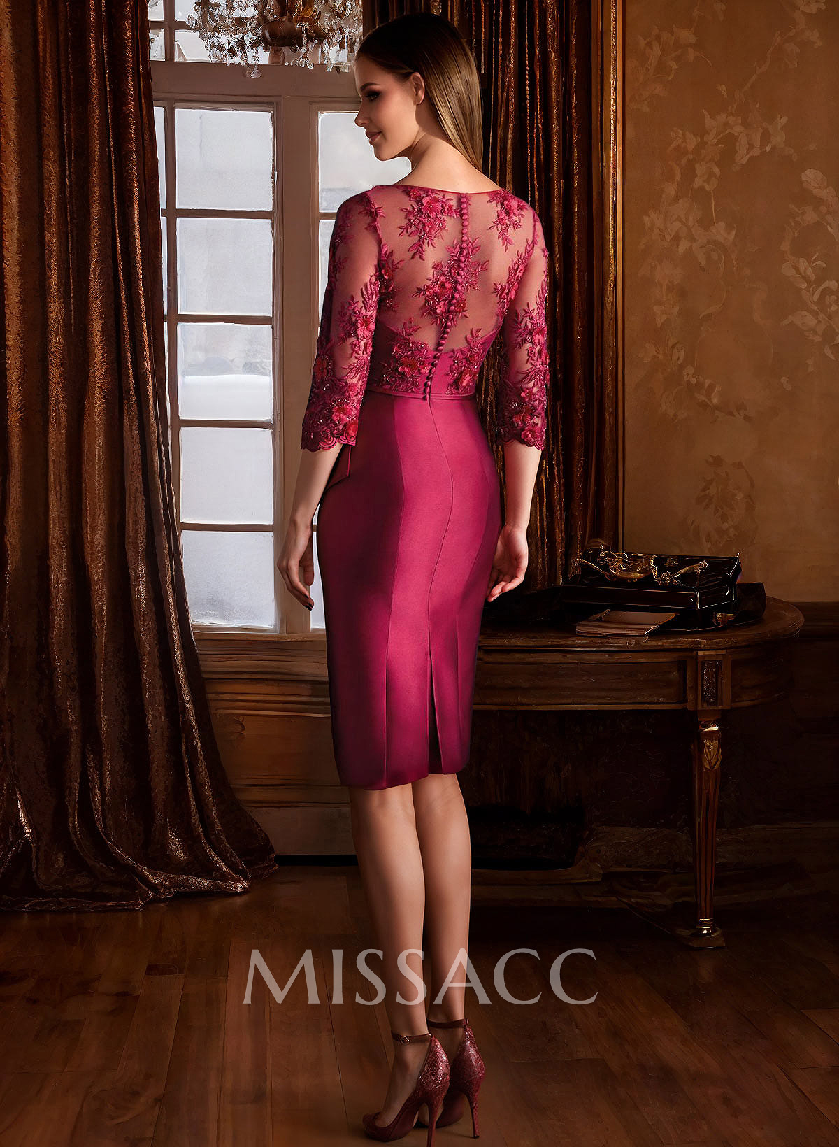 Sheath Illusion Neck 3/4 Sleeves Knee-Length Satin Mother Of The Bride Dresses Sheath Illusion Neck 3/4 Sleeves Knee-Length Satin Mother Of The Bride Dresses