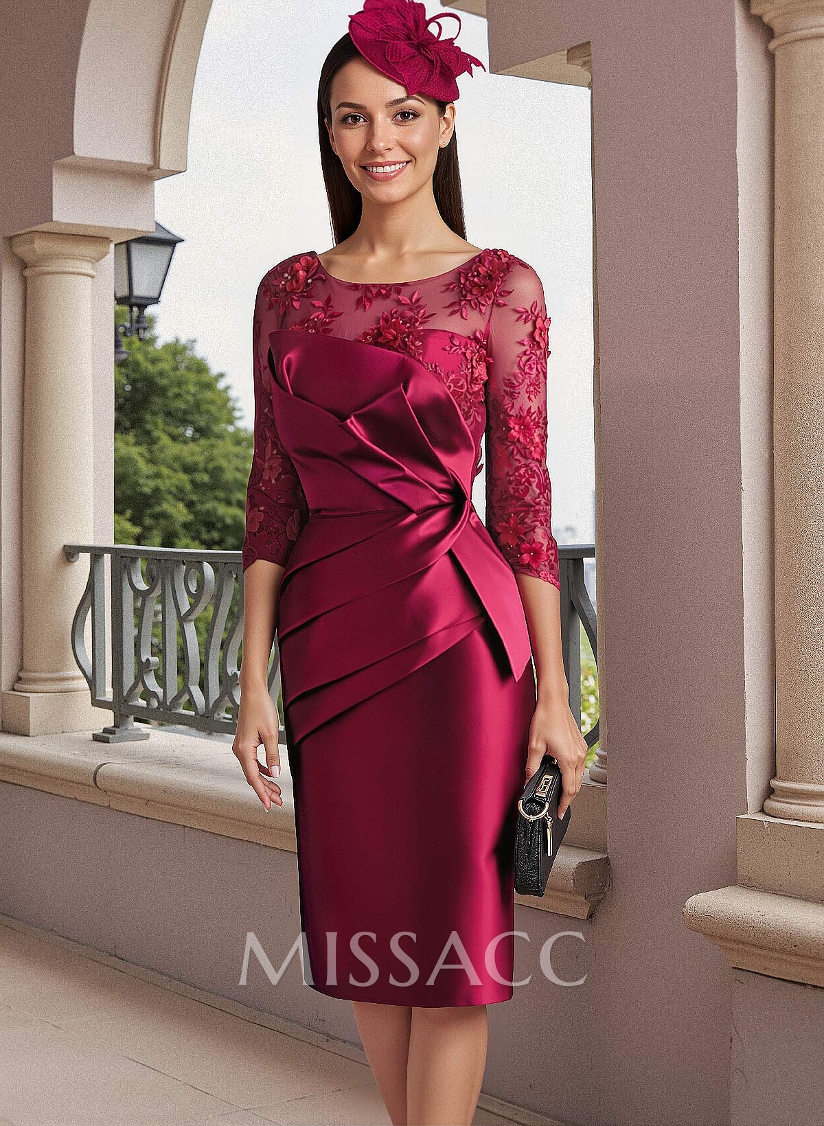 Sheath Illusion Neck 3/4 Sleeves Knee-Length Satin Mother Of The Bride Dresses Sheath Illusion Neck 3/4 Sleeves Knee-Length Satin Mother Of The Bride Dresses