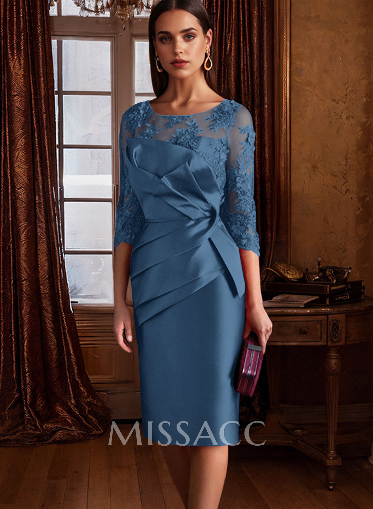 Sheath Illusion Neck 3/4 Sleeves Knee-Length Satin Mother Of The Bride Dresses