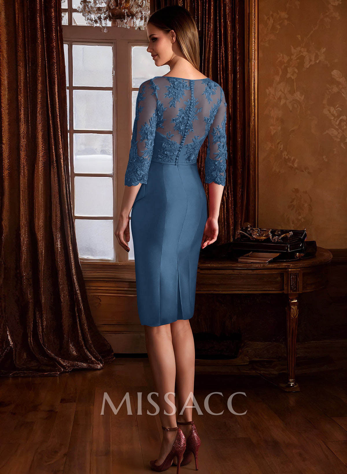 Sheath Illusion Neck 3/4 Sleeves Knee-Length Satin Mother Of The Bride Dresses