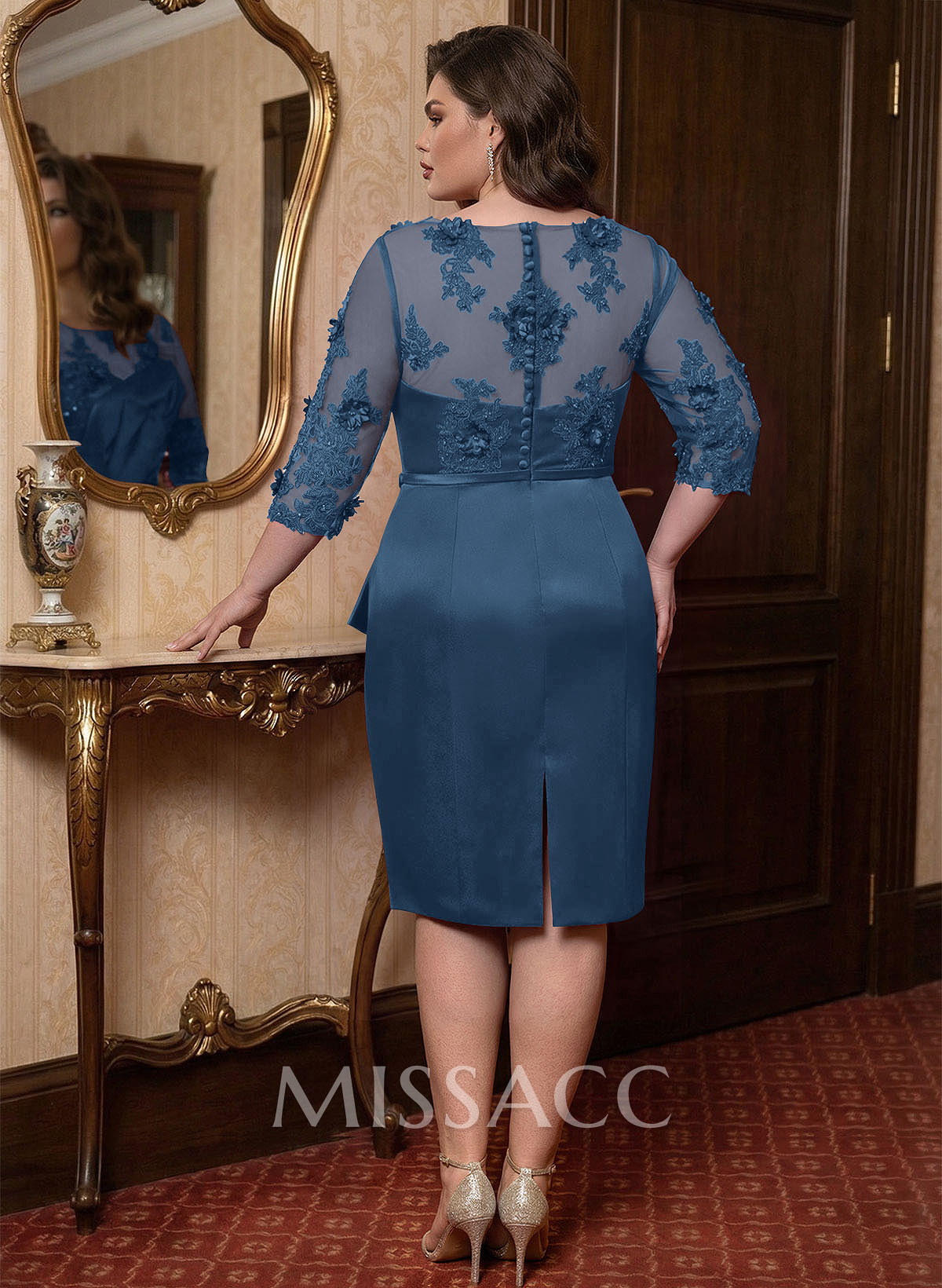Sheath Illusion Neck 3/4 Sleeves Knee-Length Satin Mother Of The Bride Dresses
