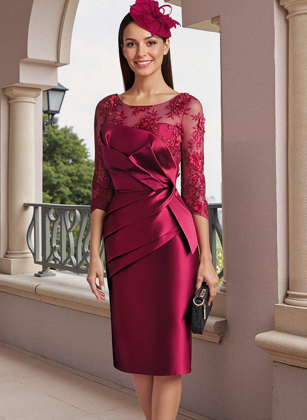 Sheath Illusion Neck 3/4 Sleeves Knee-Length Satin Mother Of The Bride Dresses Sheath Illusion Neck 3/4 Sleeves Knee-Length Satin Mother Of The Bride Dresses