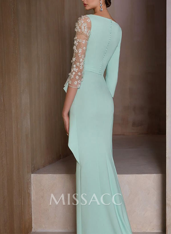 Sheath V-Neck 3/4 Sleeves Floor-Length Elastic Satin Mother Of The Bride Dresses With Lace