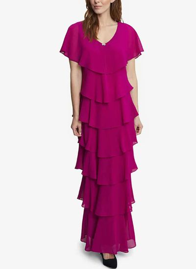 A-Line V-Neck Short Sleeves Chiffon Mother Of The Bride Dresses