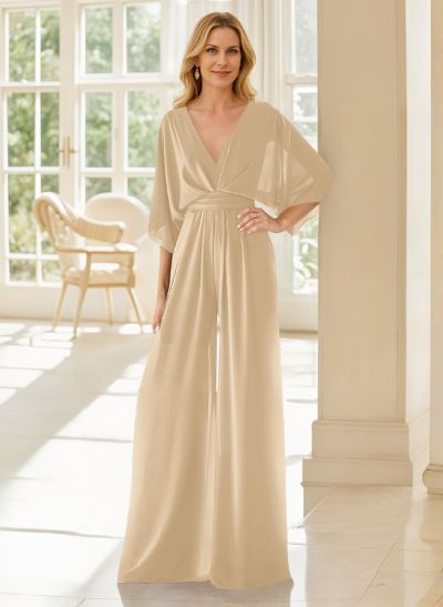 Jumpsuit/Pantsuit V-Neck 3/4 Sleeves Chiffon Mother Of The Bride Dresses