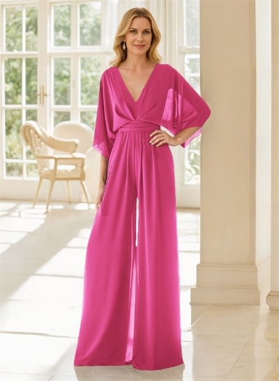 Jumpsuit/Pantsuit V-Neck 3/4 Sleeves Chiffon Mother Of The Bride Dresses