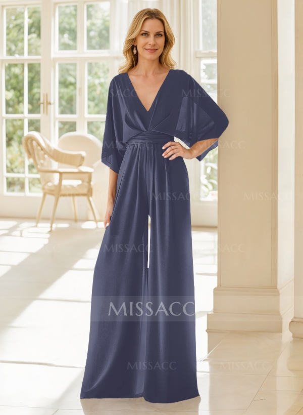 Jumpsuit/Pantsuit V-Neck 3/4 Sleeves Chiffon Mother Of The Bride Dresses -  Missacc