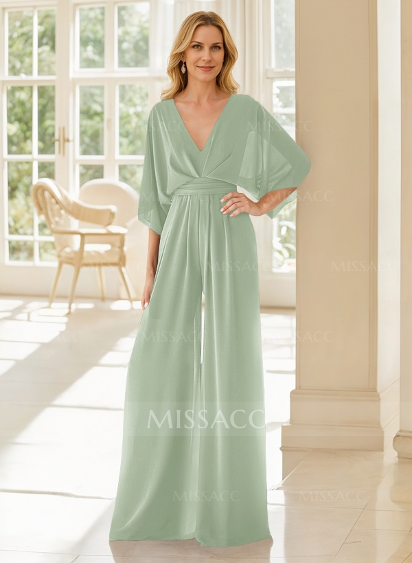 Jumpsuit/Pantsuit V-Neck 3/4 Sleeves Chiffon Mother Of The