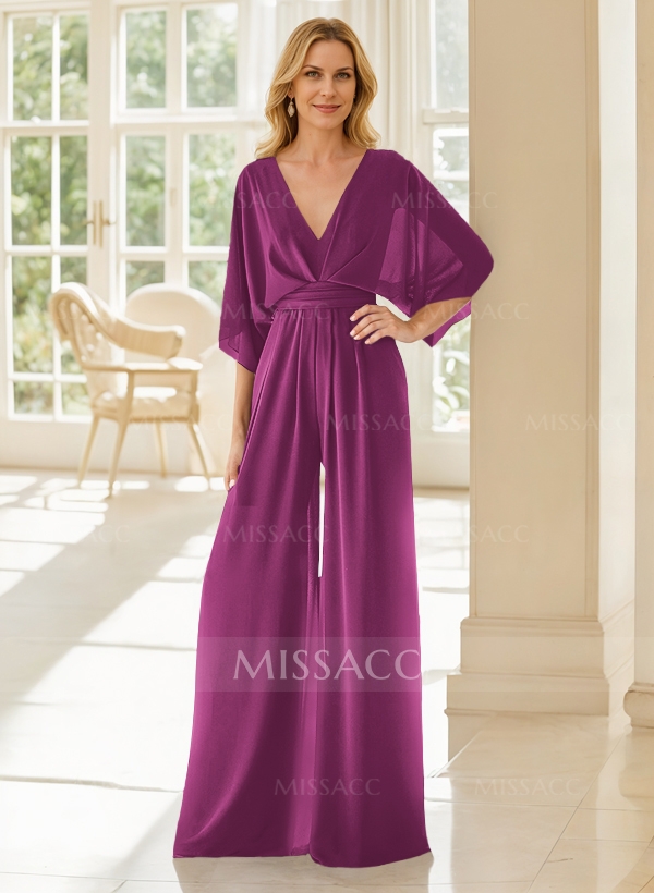 スーツ・フォーマル・ドレス BACK OPEN PEARL VELOR DRESS (BLU) Bridal Mother Dress V-Neck 3/4 Length Sleeves Jumpsuit