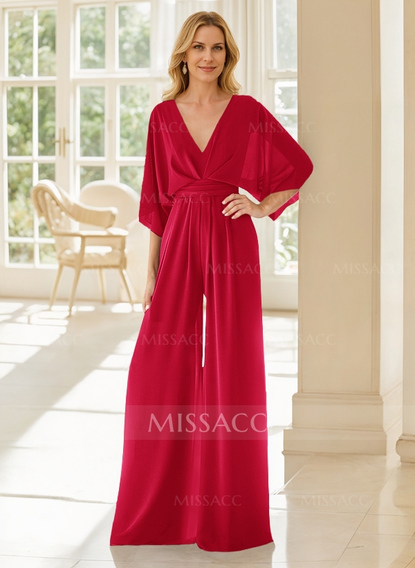 Jumpsuit/Pantsuit V-Neck 3/4 Sleeves Chiffon Mother Of The Bride Dresses -  Missacc