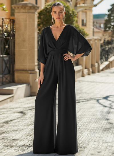 Jumpsuit/Pantsuit V-Neck 3/4 Sleeves Chiffon Mother Of The Bride Dresses
