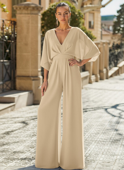 Jumpsuit/Pantsuit V-Neck 3/4 Sleeves Chiffon Mother Of The Bride Dresses