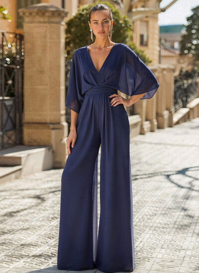 Jumpsuit/Pantsuit V-Neck 3/4 Sleeves Chiffon Mother Of The Bride Dresses