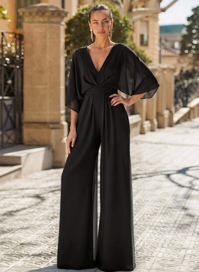 Jumpsuit/Pantsuit V-Neck 3/4 Sleeves Chiffon Mother Of The Bride Dresses