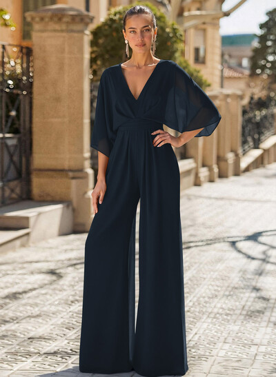 Jumpsuit/Pantsuit V-Neck 3/4 Sleeves Chiffon Mother Of The Bride Dresses