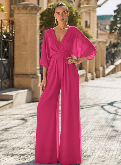 Jumpsuit/Pantsuit V-Neck 3/4 Sleeves Chiffon Mother Of The Bride Dresses
