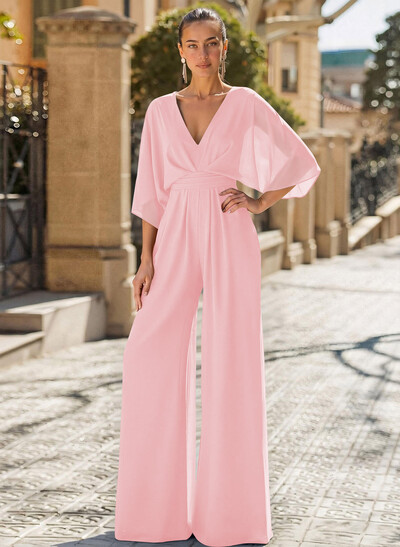 Jumpsuit/Pantsuit V-Neck 3/4 Sleeves Chiffon Mother Of The Bride Dresses
