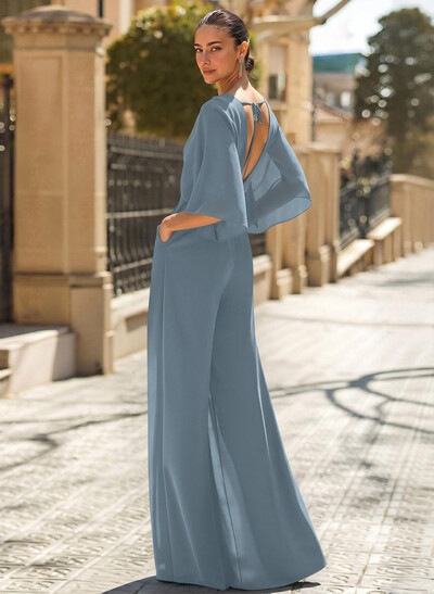 Jumpsuit/Pantsuit V-Neck 3/4 Sleeves Chiffon Mother Of The Bride Dresses