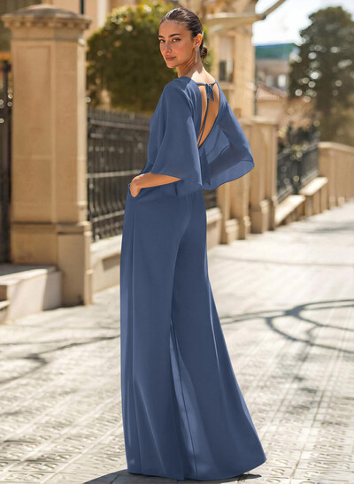 Jumpsuit/Pantsuit V-Neck 3/4 Sleeves Chiffon Mother Of The Bride Dresses