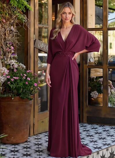 V-Neck Wrap Beading Mother Of The Bride Dresses With Sheath/Column