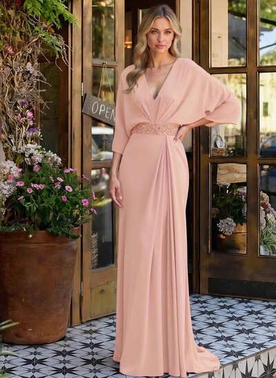 V-Neck Wrap Beading Mother Of The Bride Dresses With Sheath/Column